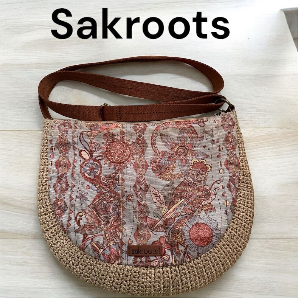 Sakroots Bohemian Crochet Zip Closure Adjustable Crossbody Neutral Tan Blue